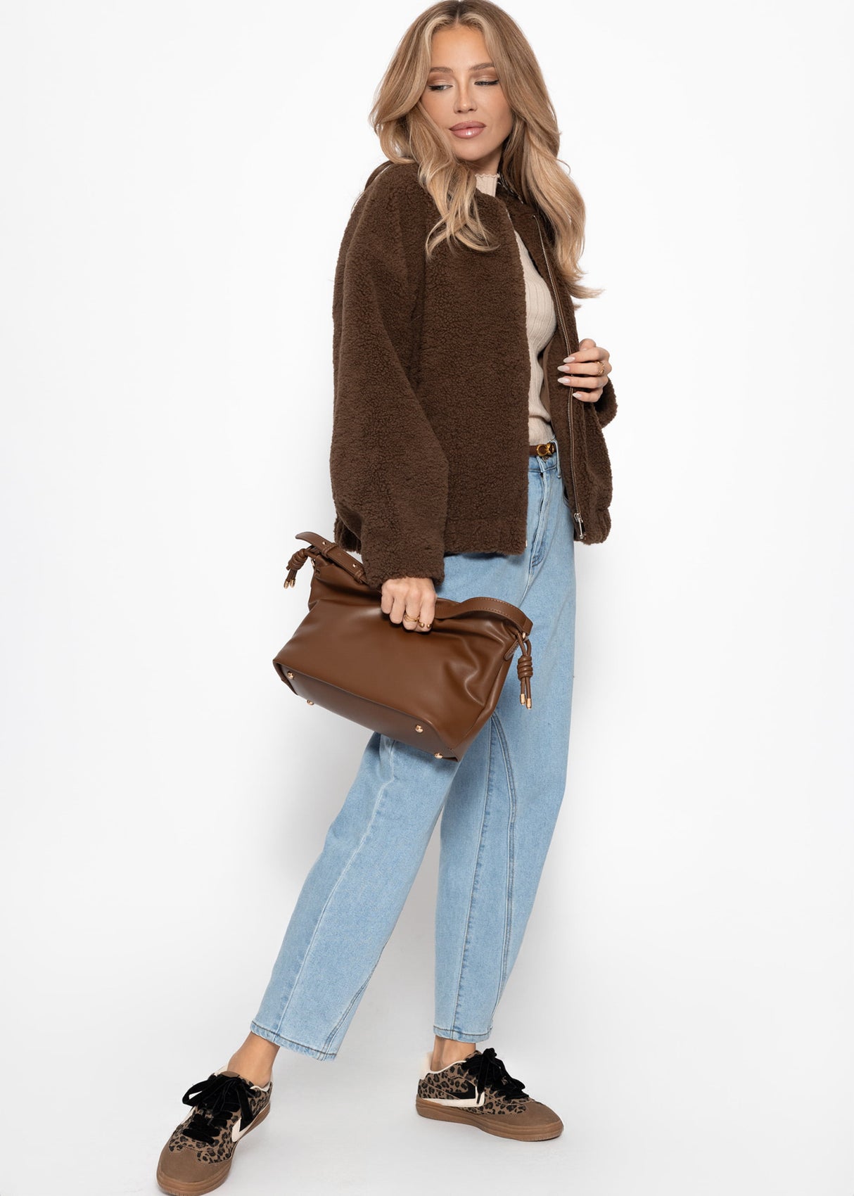 Teddy fur bomber jacket - brown