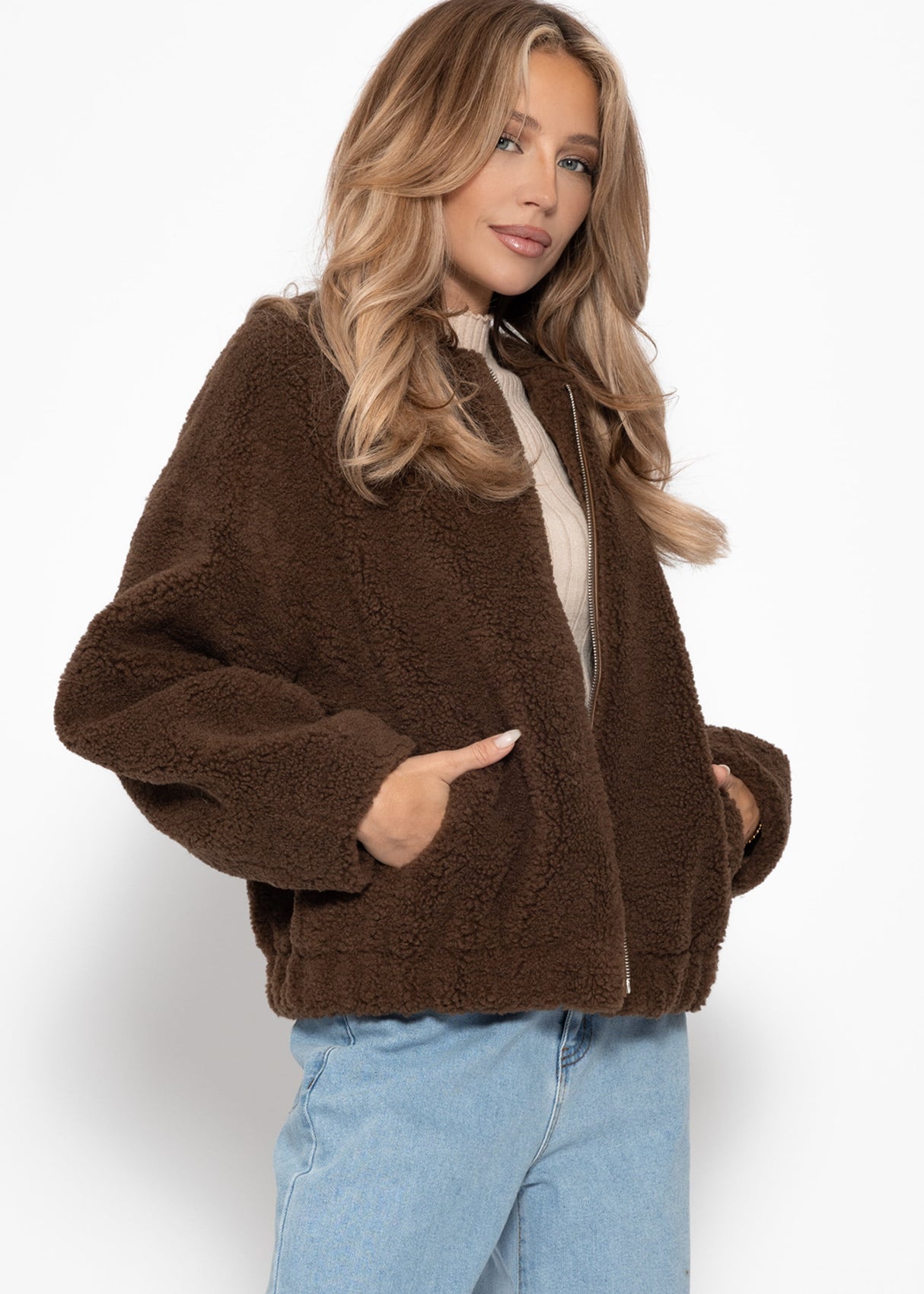 Teddy fur bomber jacket - brown