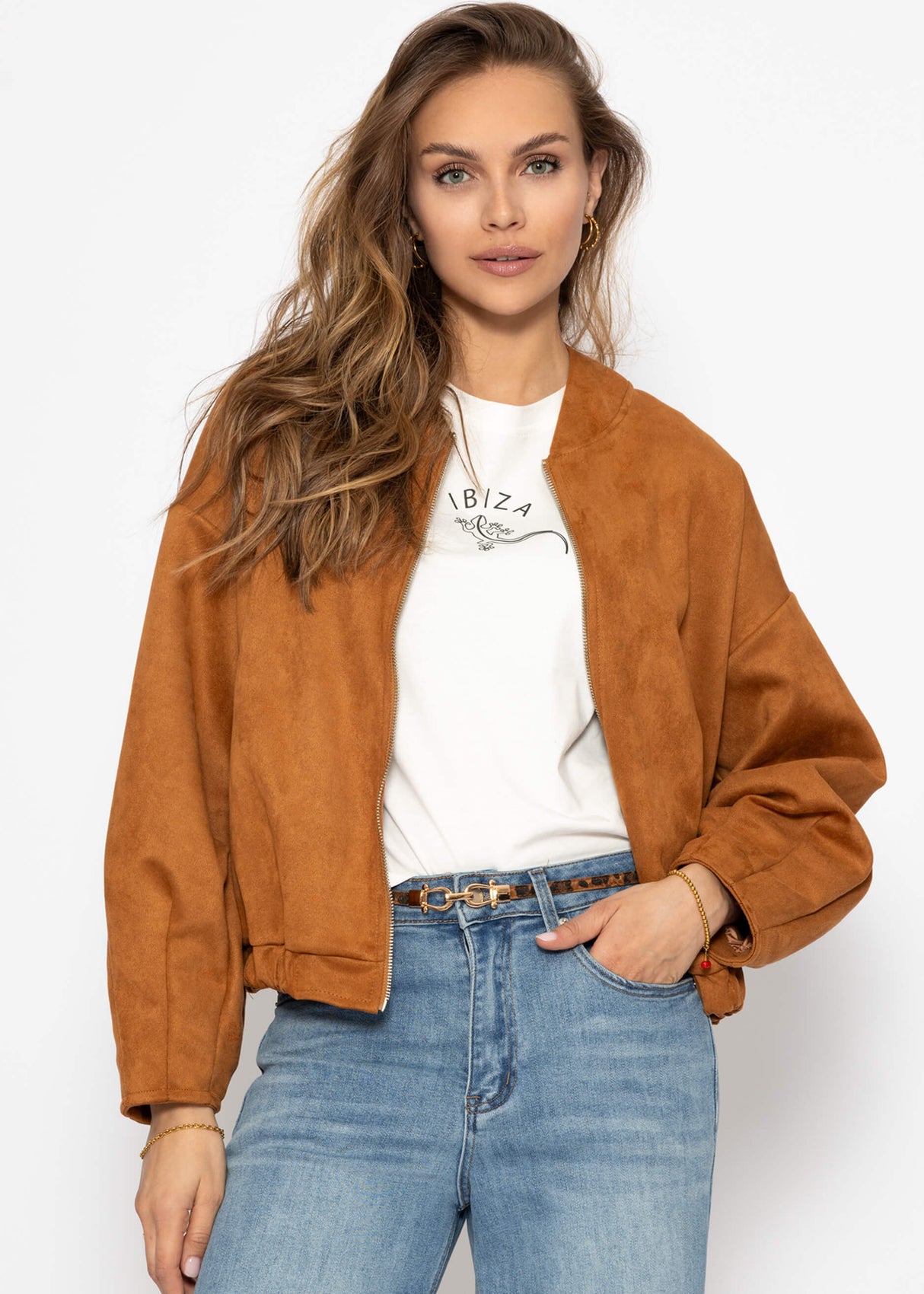 Oversize Bomberjacke in Wildlederoptik - braun