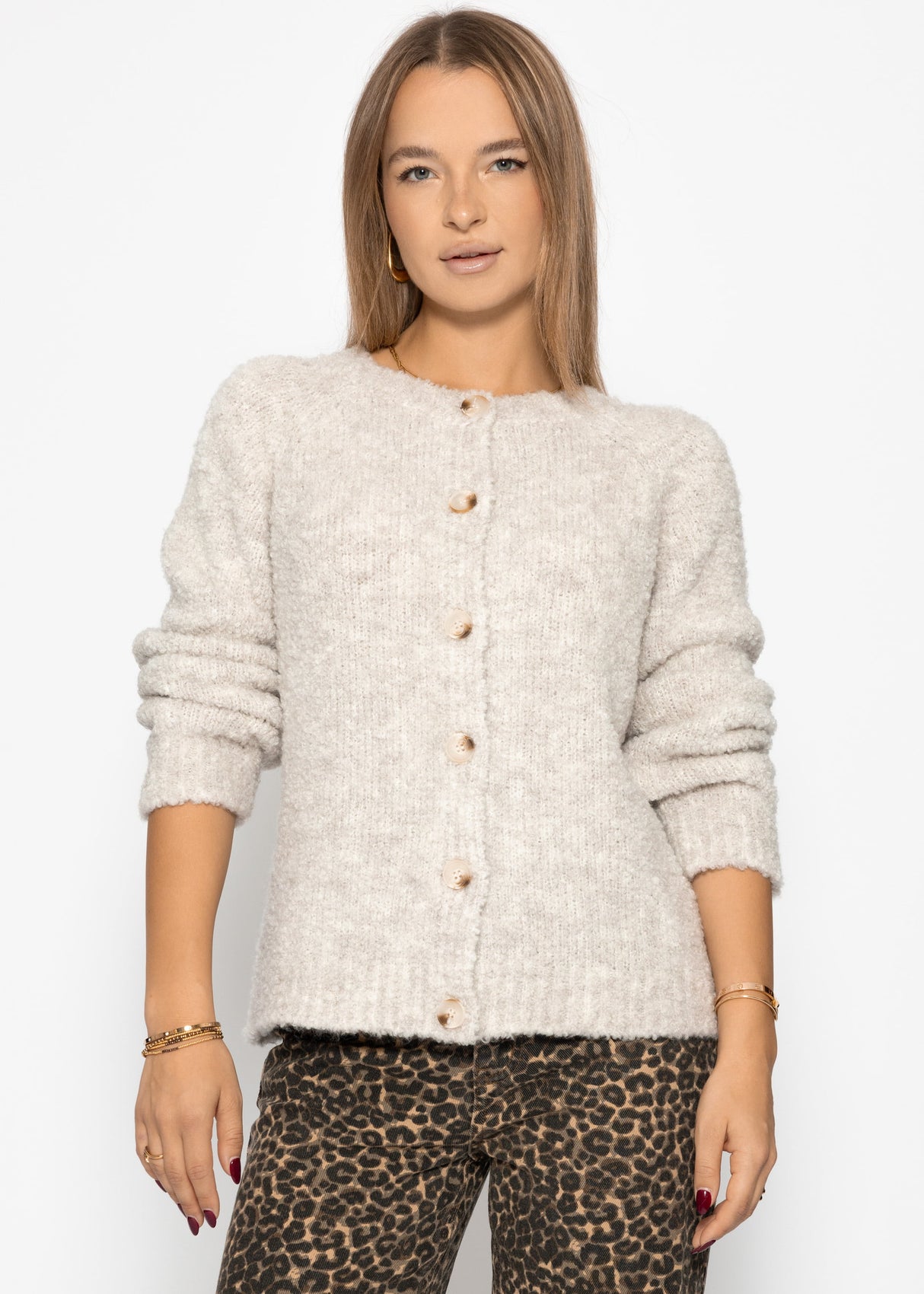 Bouclé cardigan with button placket - greige