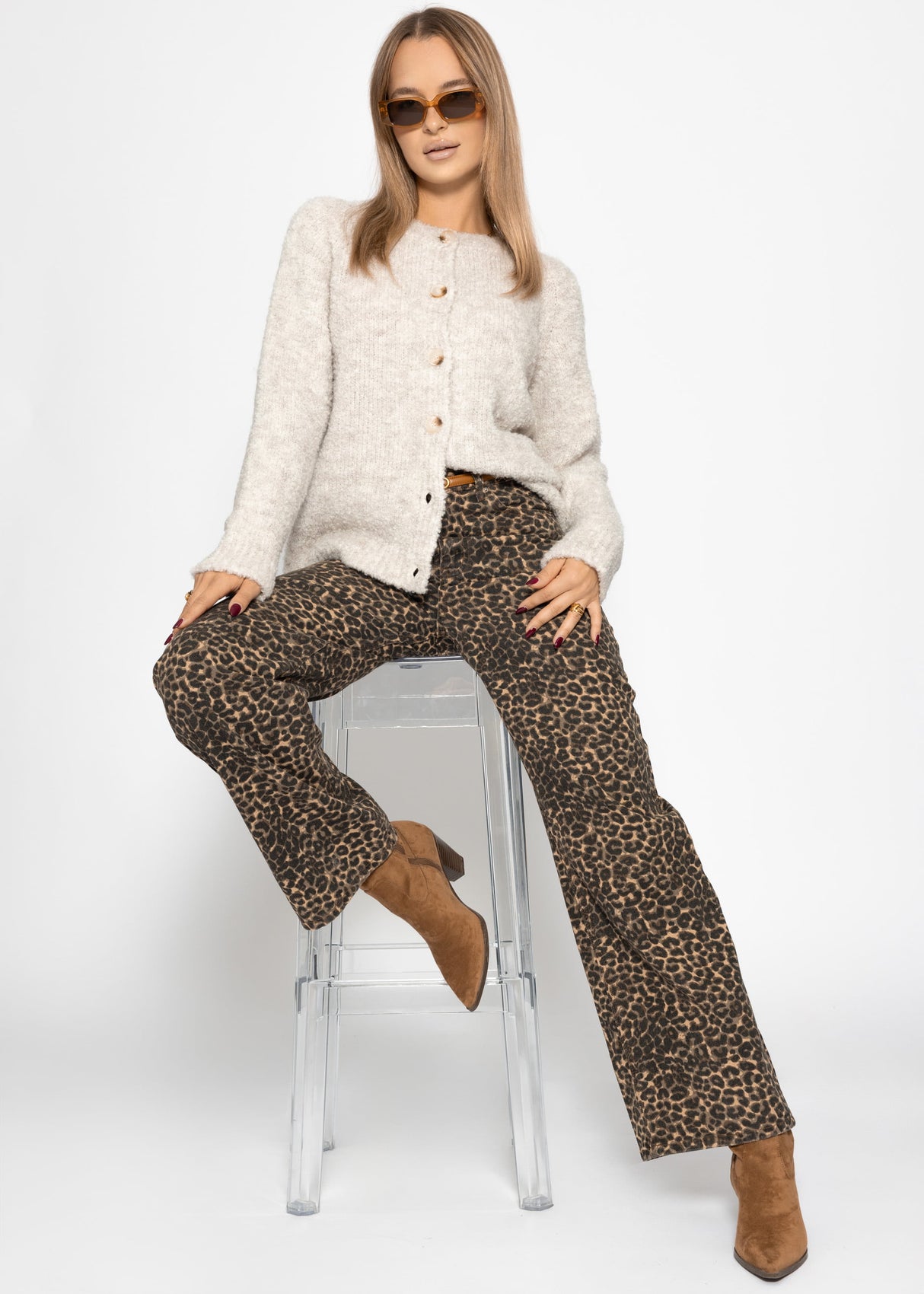 Bouclé cardigan with button placket - greige