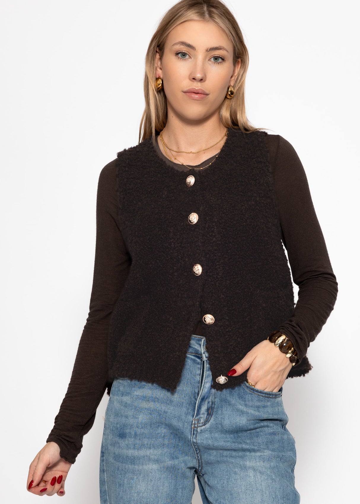 Bouclé-Weste mit Taschen - braun