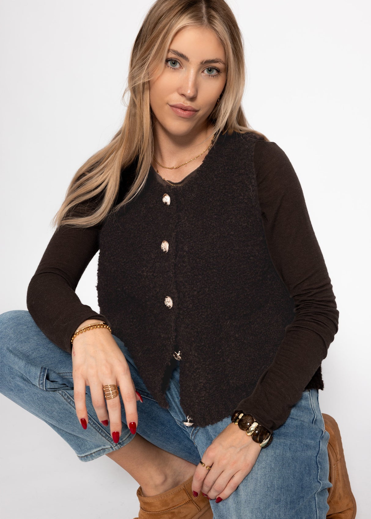 Bouclé-Weste mit Taschen - braun