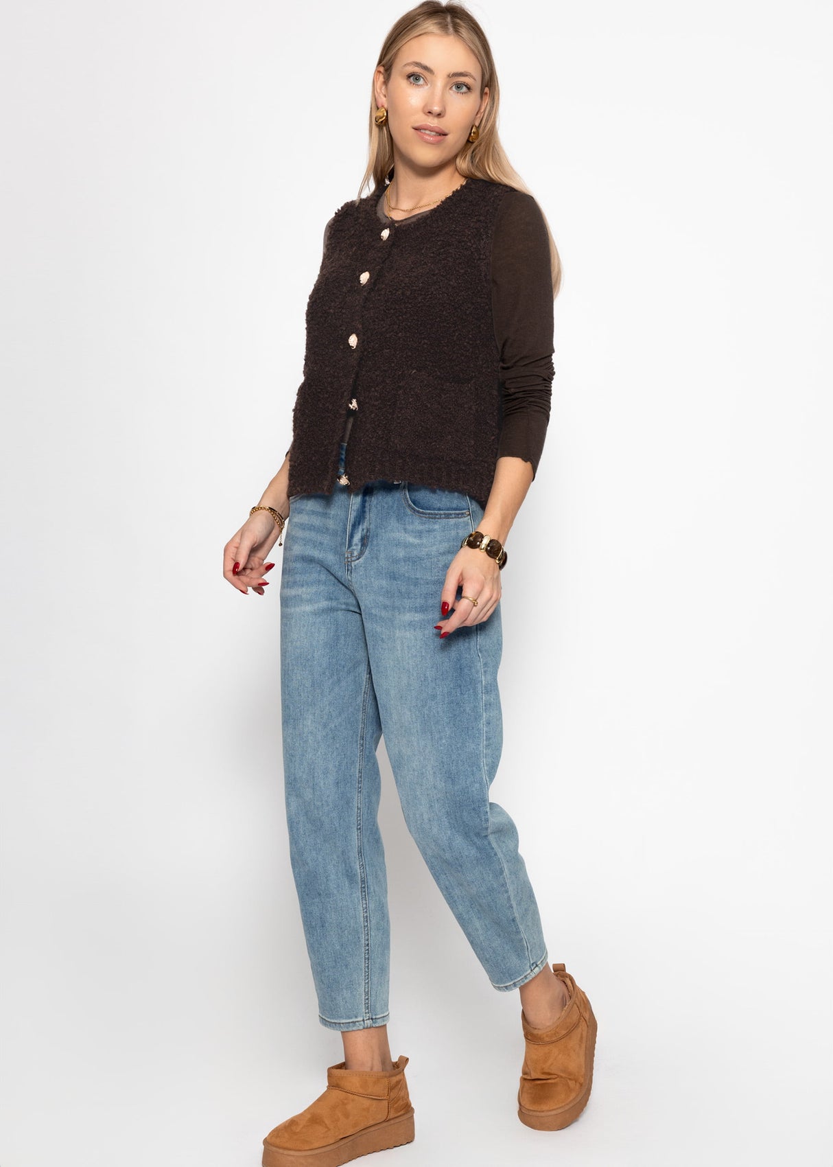 Bouclé-Weste mit Taschen - braun