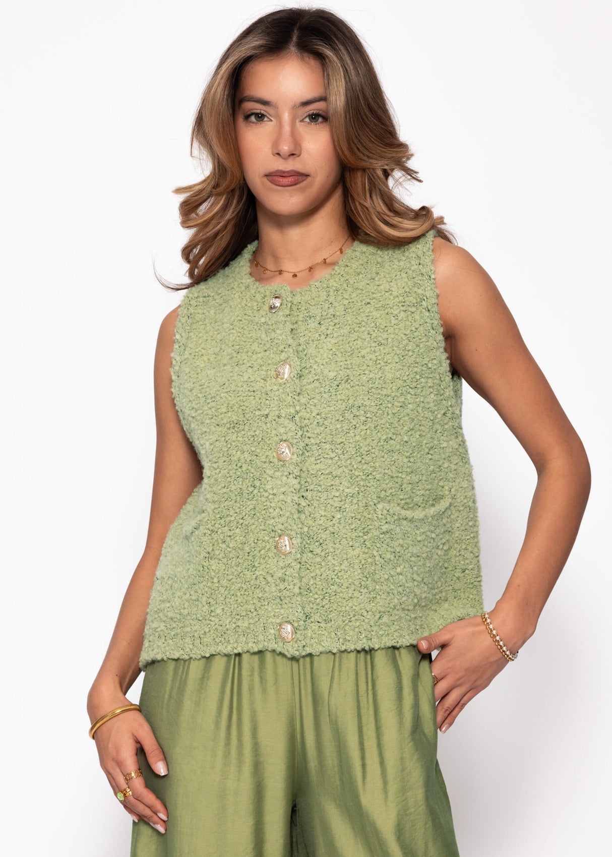 Bouclé-Weste mit Taschen - grün