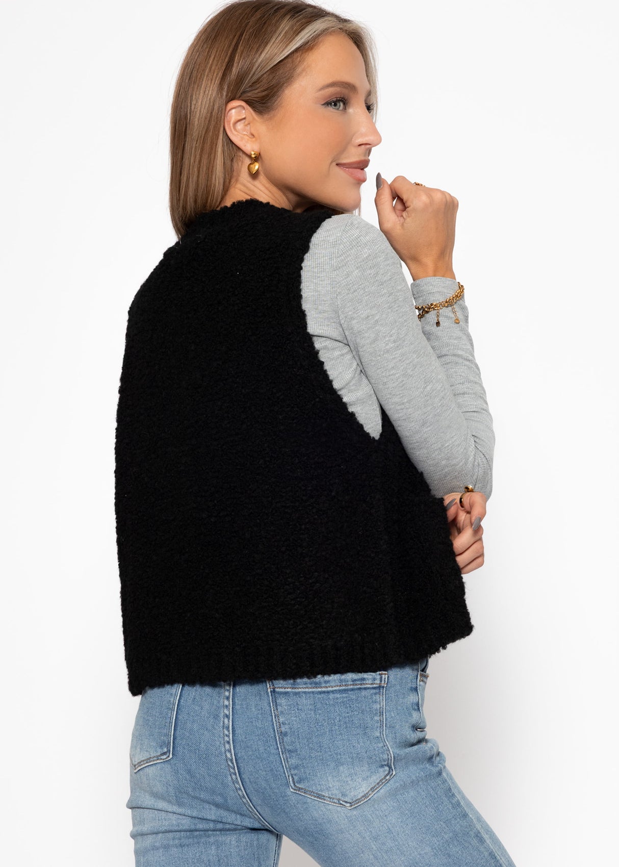 Bouclé-Weste mit Taschen - schwarz