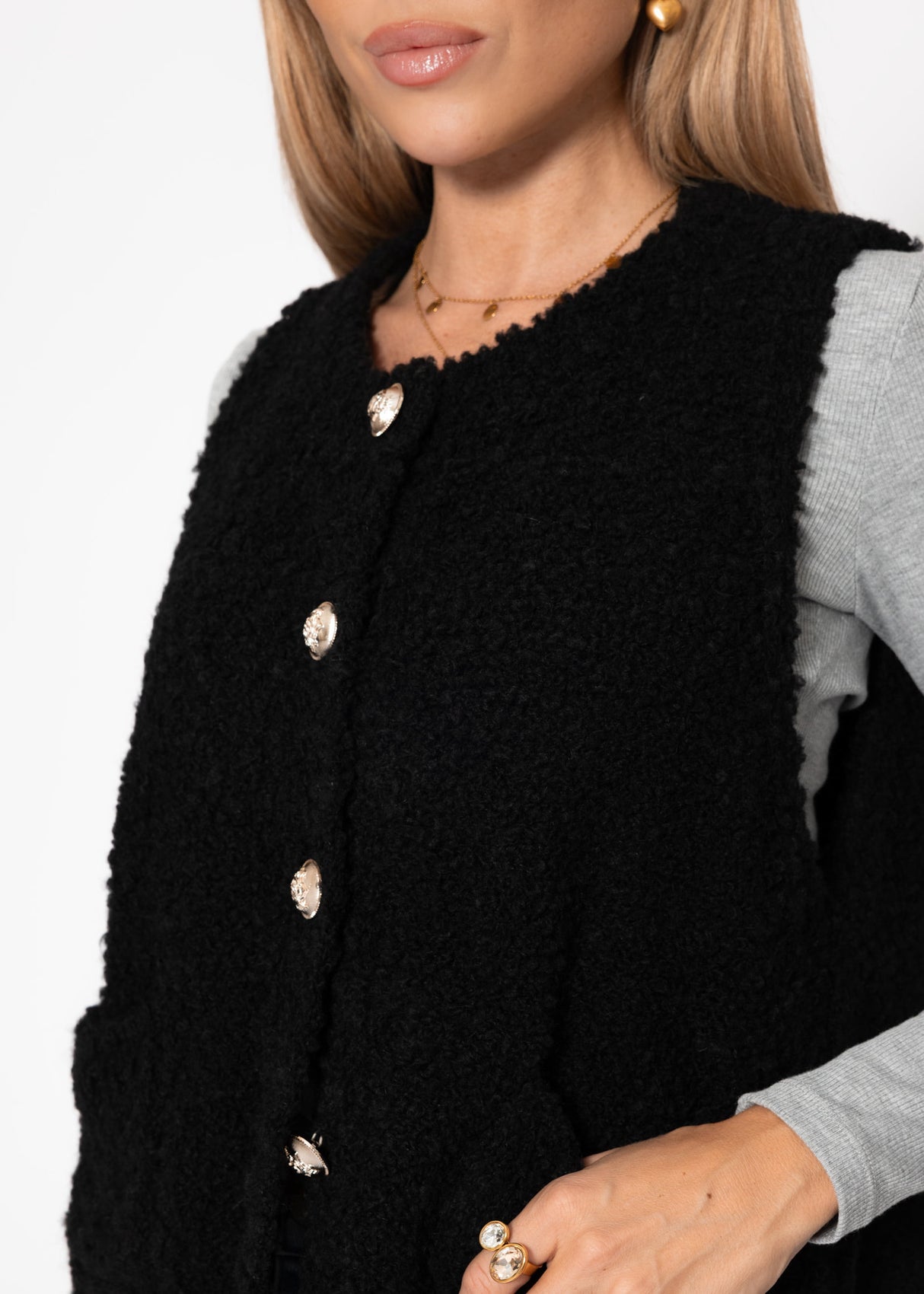 Bouclé-Weste mit Taschen - schwarz