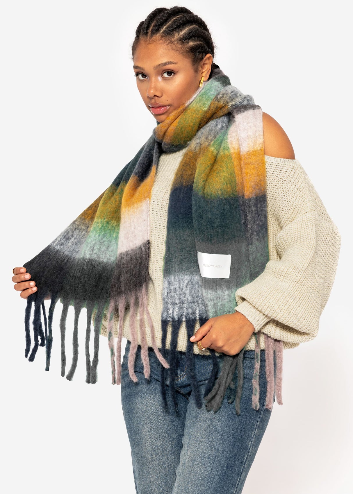 Colorful, checked scarf - dark green