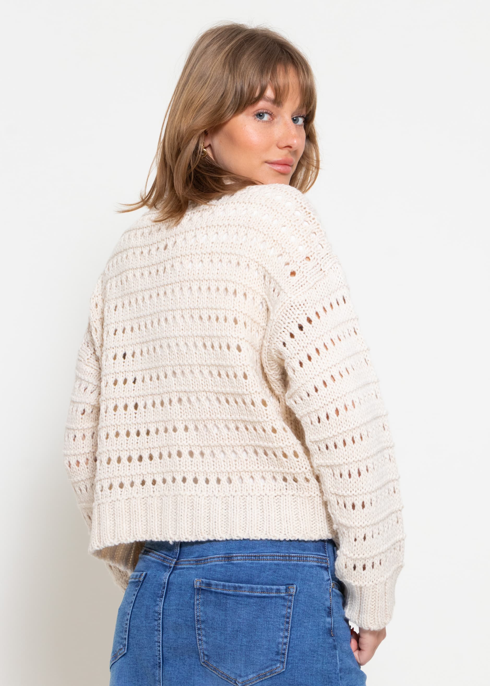 Openwork knit cardigan with collar - beige