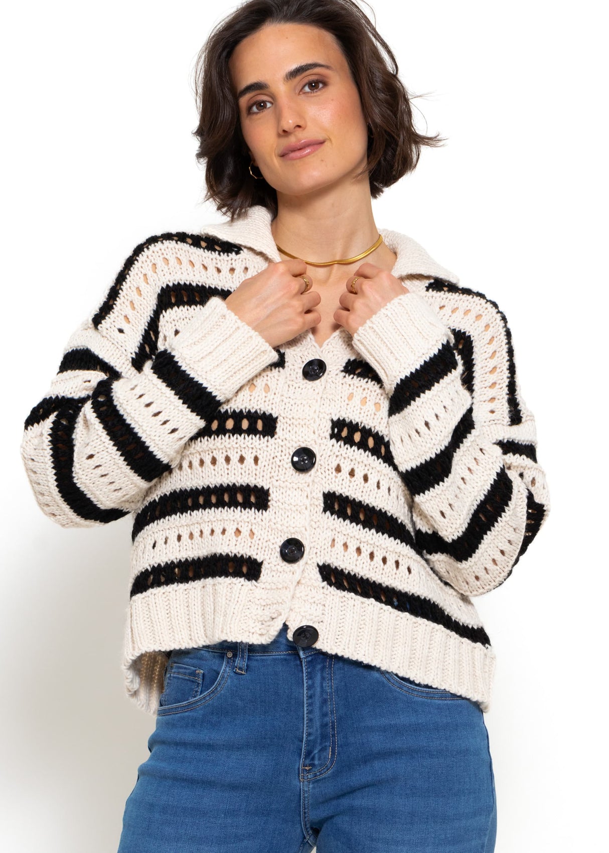 Cardigan in Ajourstrick mit Kragen - beige-schwarz