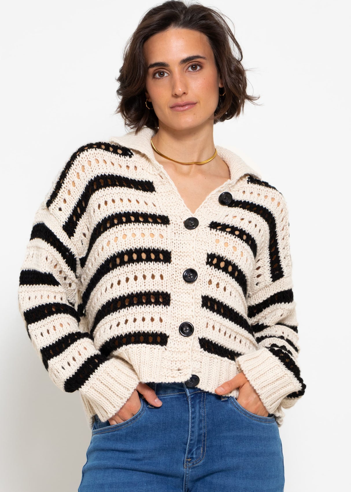 Cardigan in Ajourstrick mit Kragen - beige-schwarz