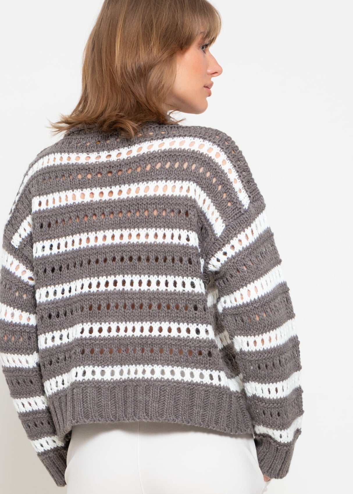 Cardigan in Ajourstrick mit Kragen - taupe-weiß