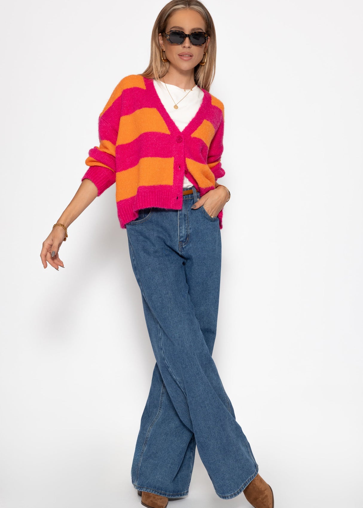 Cardigan with block strips and V-neck - pink