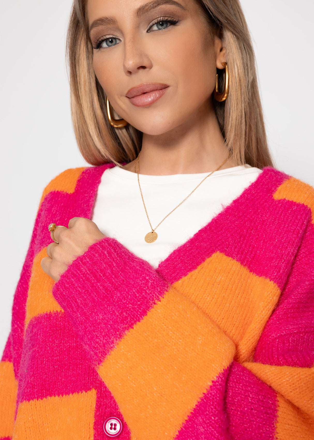 Cardigan with block strips and V-neck - pink