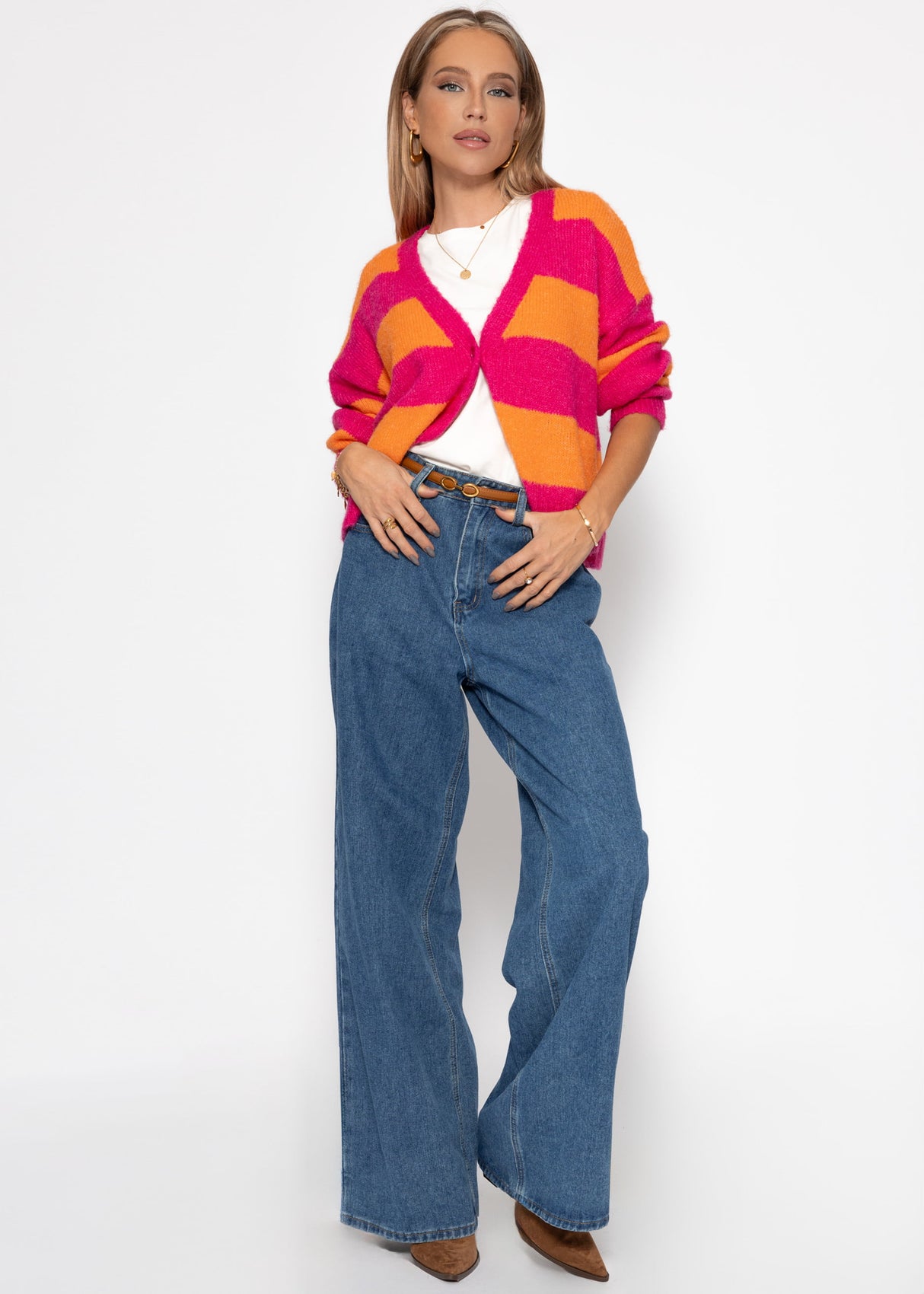 Cardigan with block strips and V-neck - pink