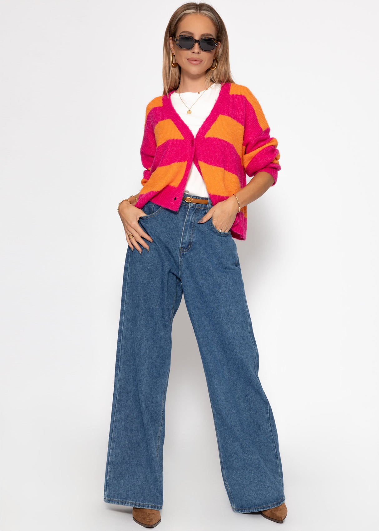 Cardigan with block strips and V-neck - pink