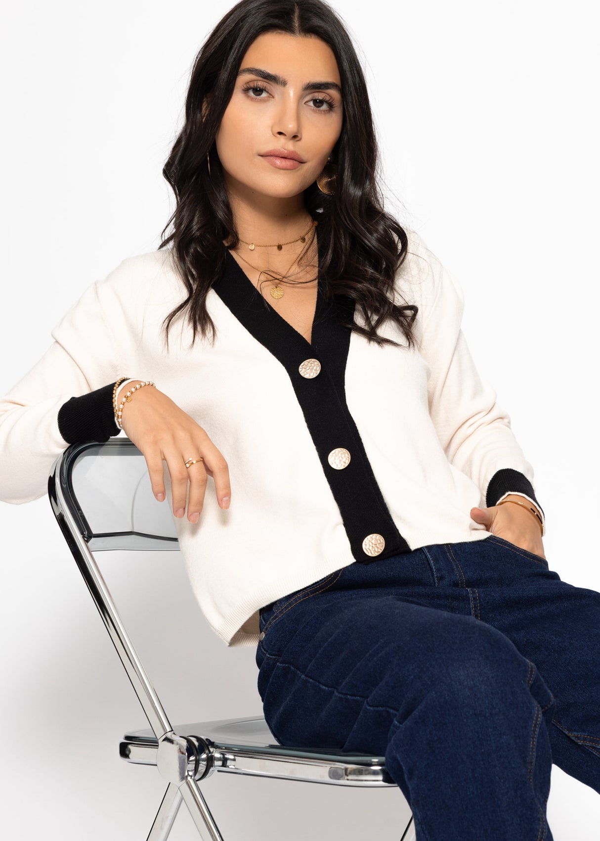 Cardigan mit Kontrastblende - offwhite