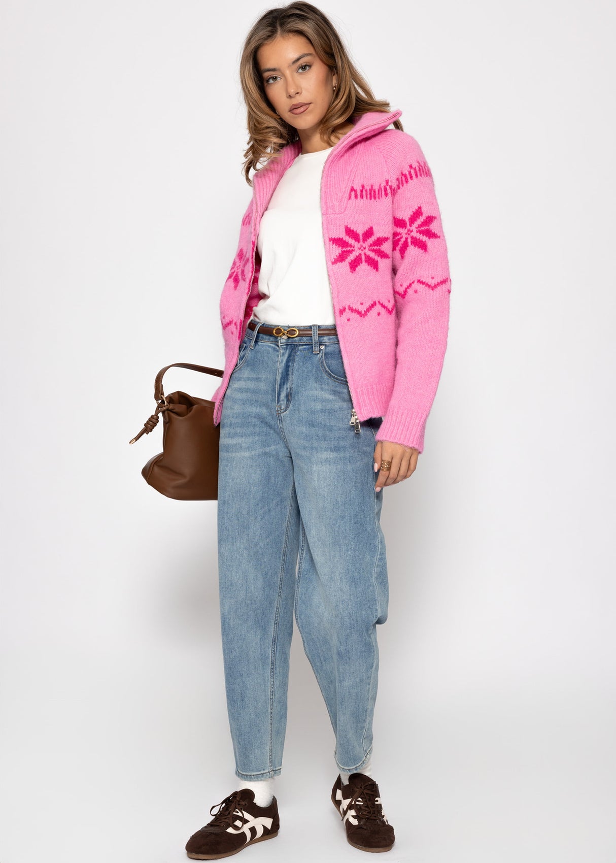 Cardigan mit Reißverschluss und Schneeflocken-Muster - pink