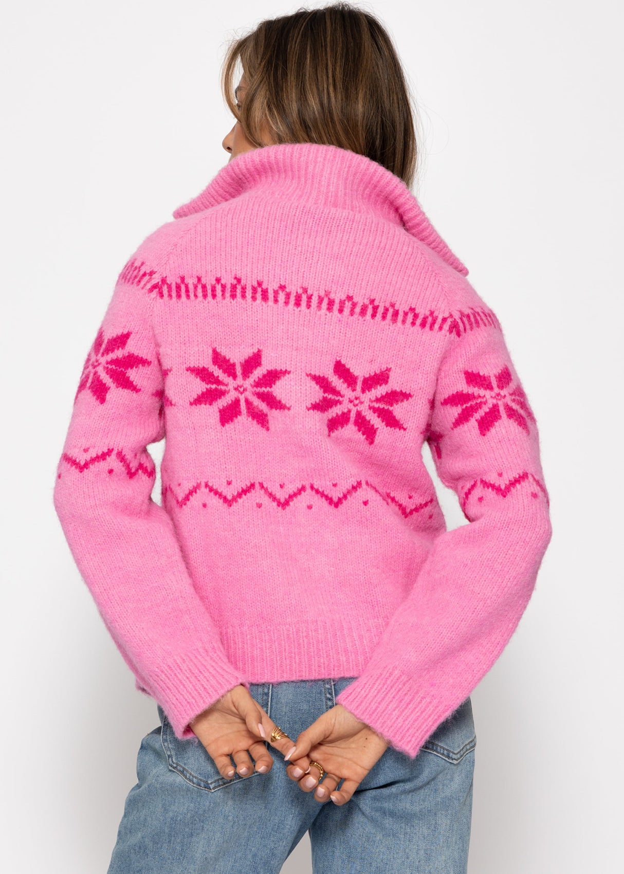 Cardigan mit Reißverschluss und Schneeflocken-Muster - pink