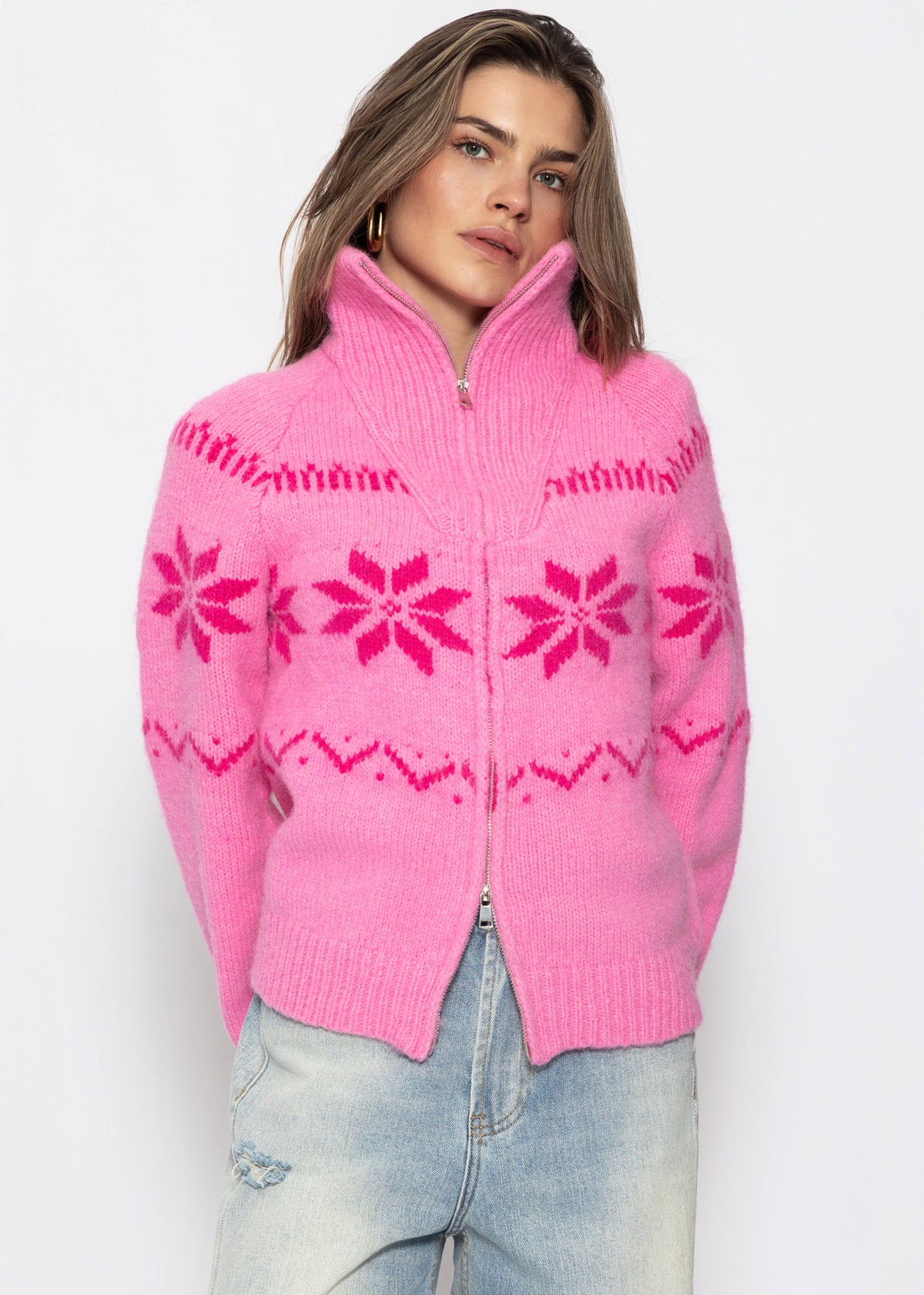 Cardigan mit Reißverschluss und Schneeflocken-Muster - pink