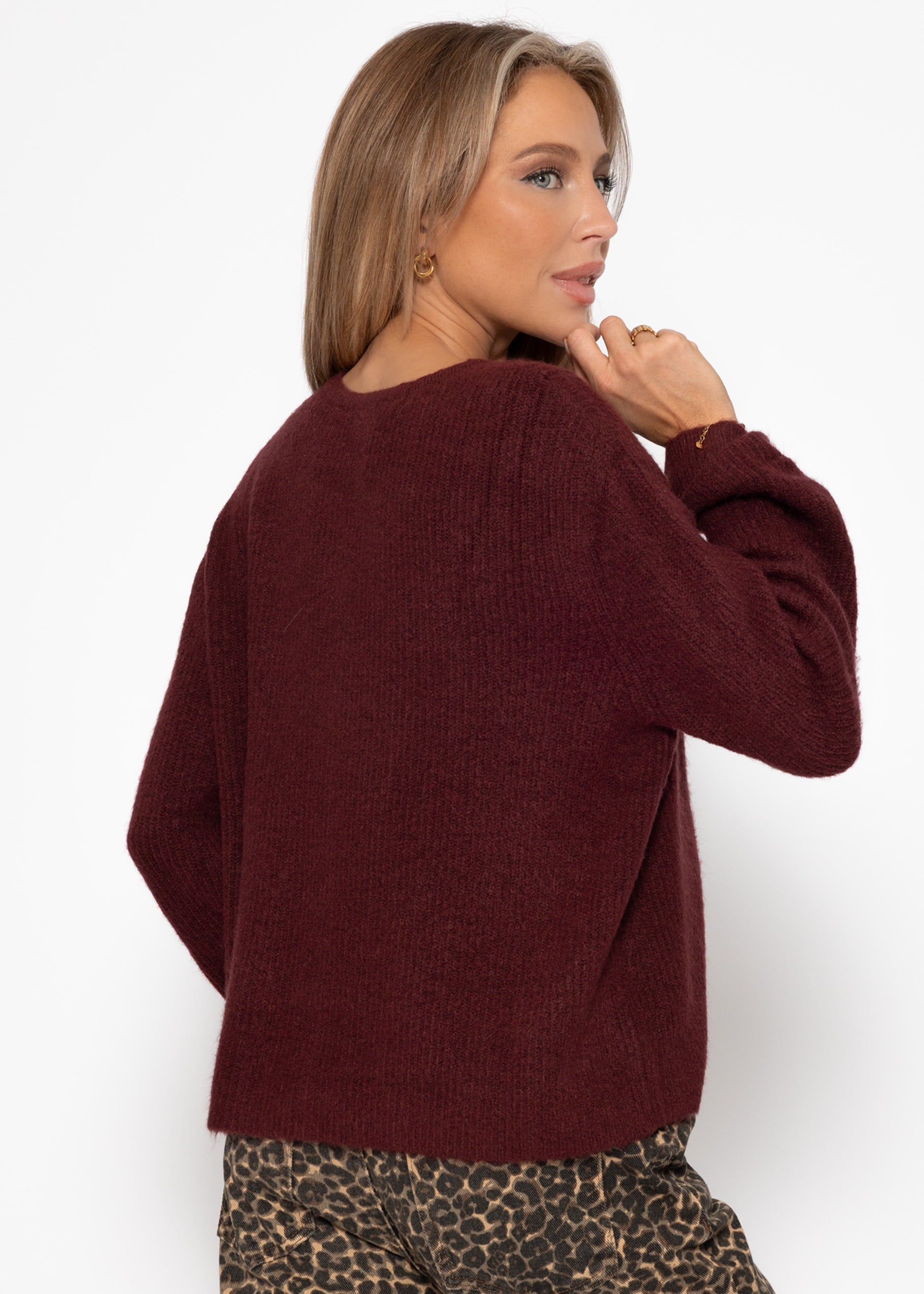Cardigan with rib structure - Burgundy