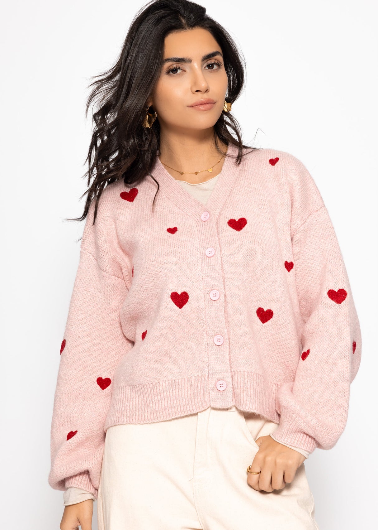 Cardigan with red heart - pink