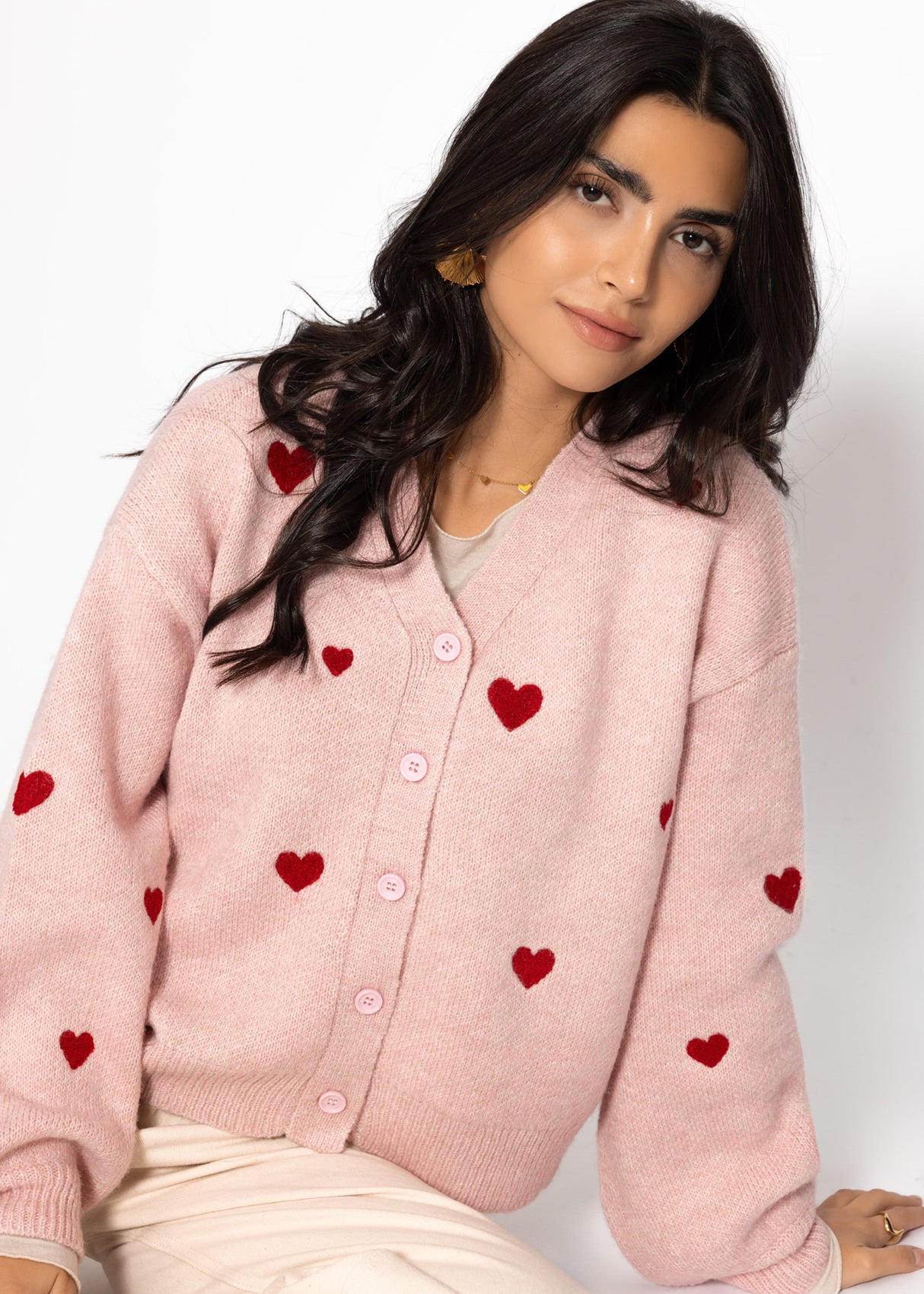 Cardigan with red heart - pink