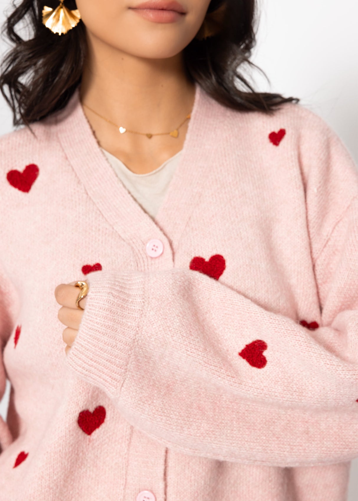 Cardigan with red heart - pink