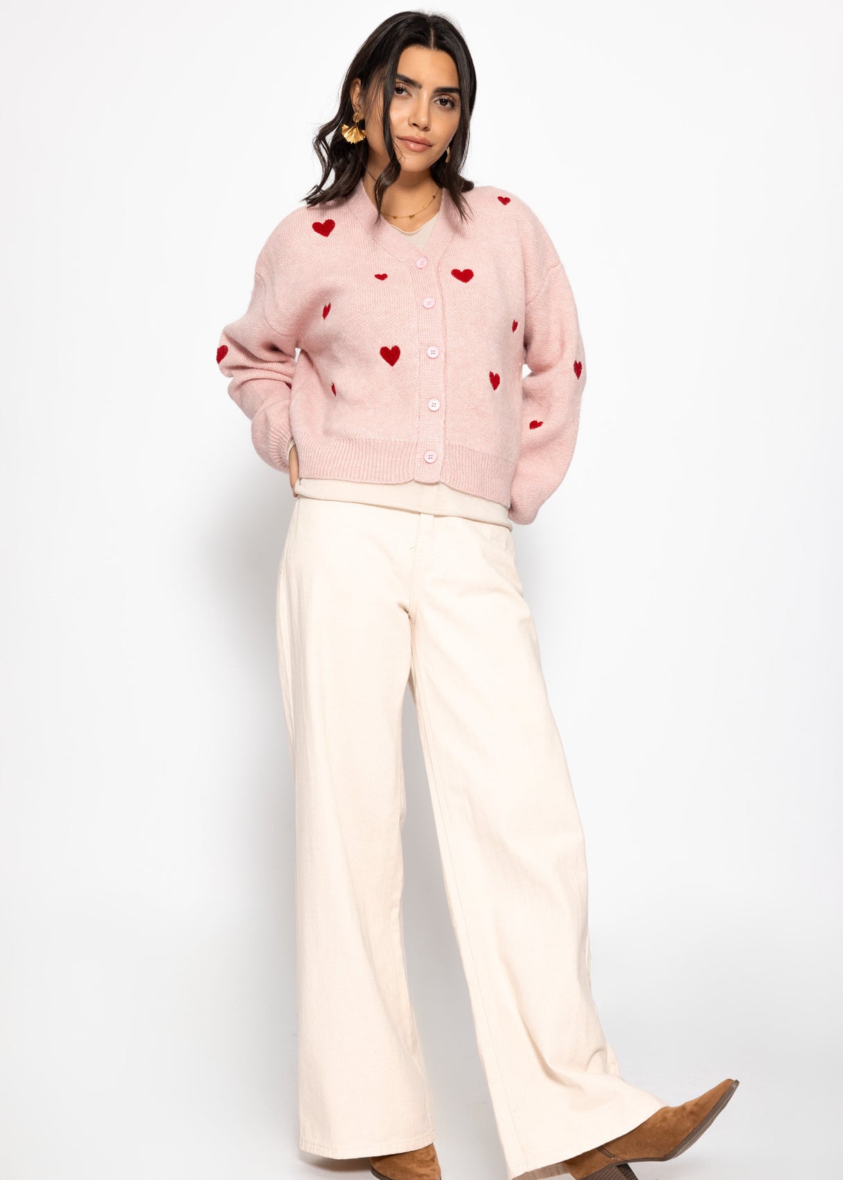 Cardigan with red heart - pink