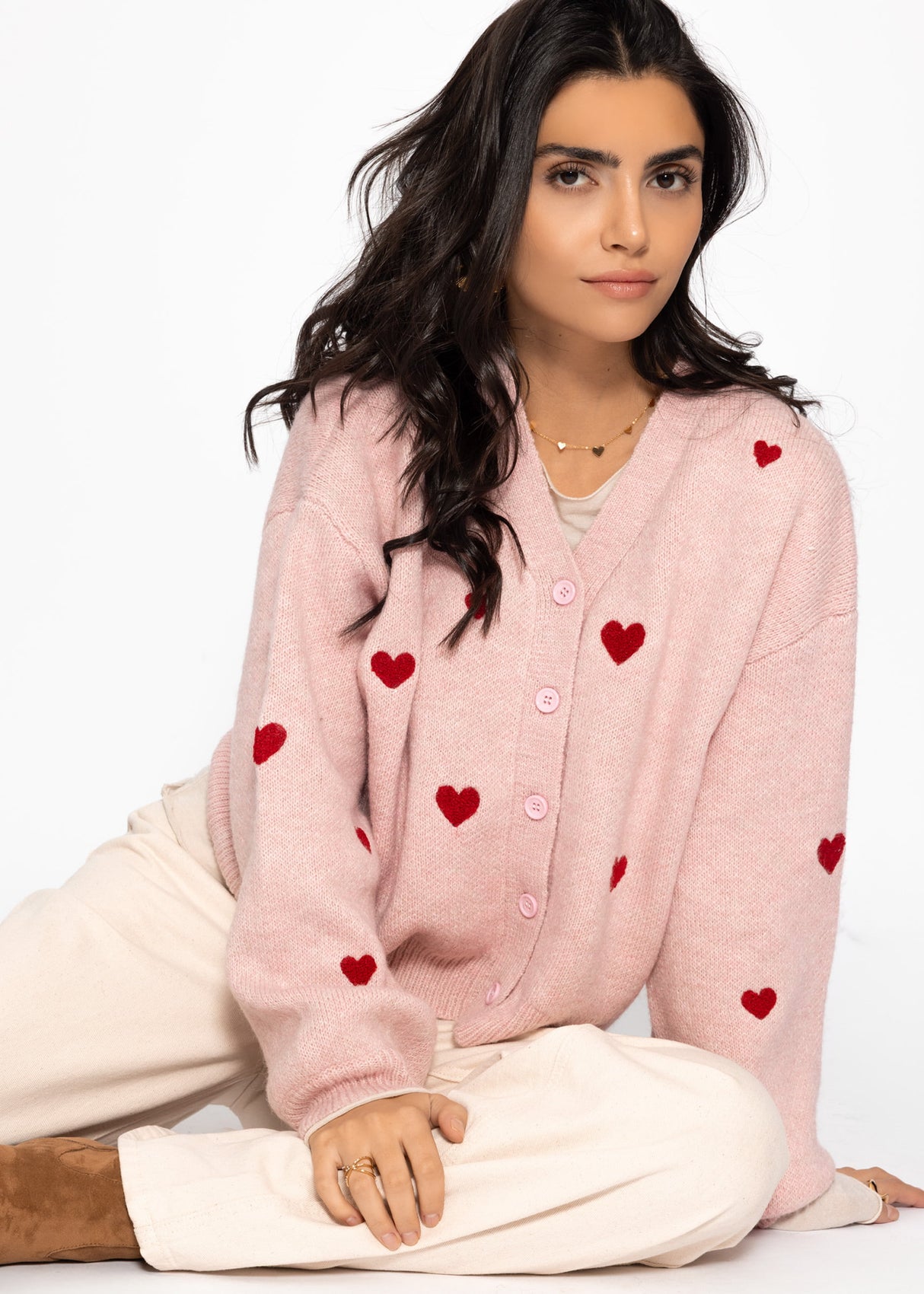 Cardigan with red heart - pink