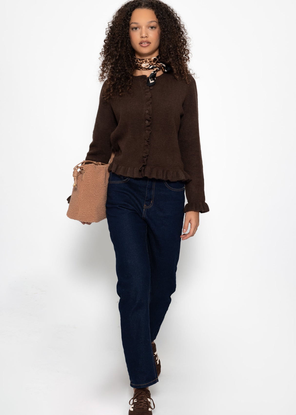 Cardigan with ruffles - dark brown