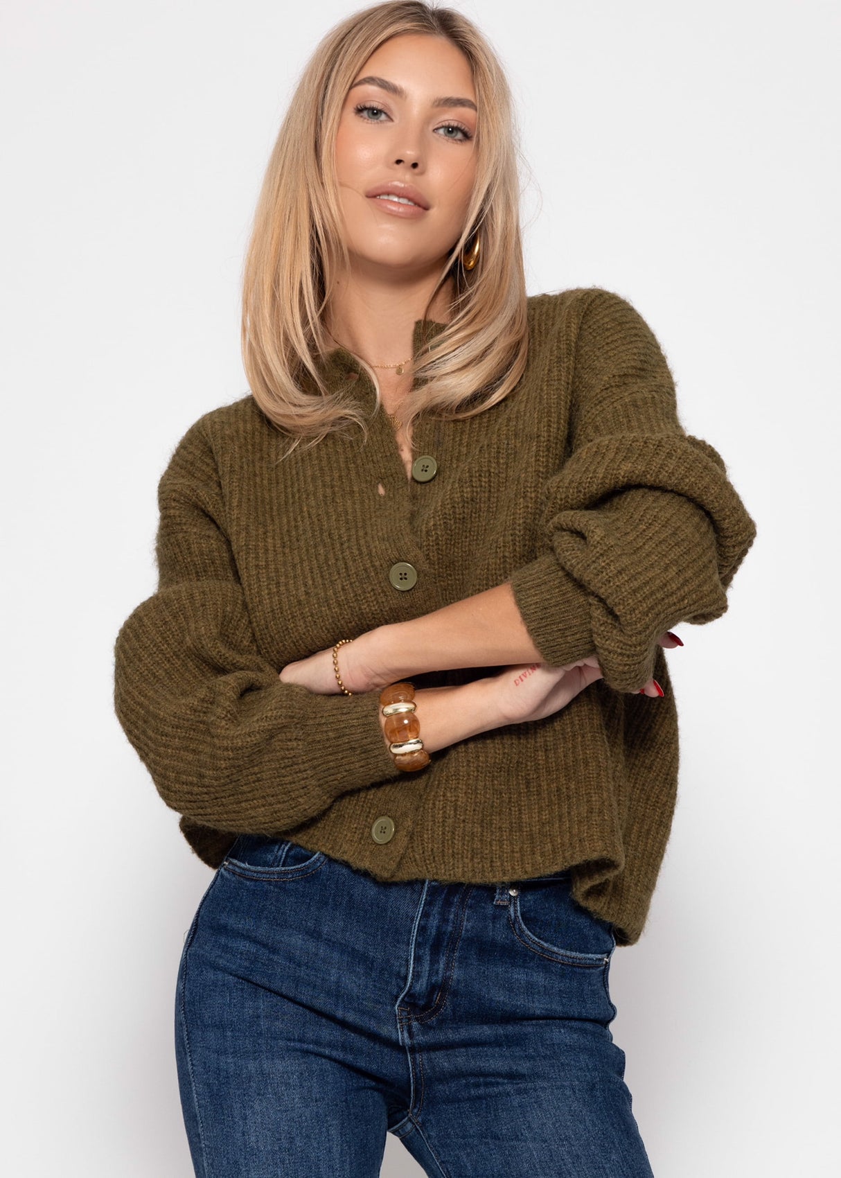 Cardigan mit Rundhalsausschnitt - khaki