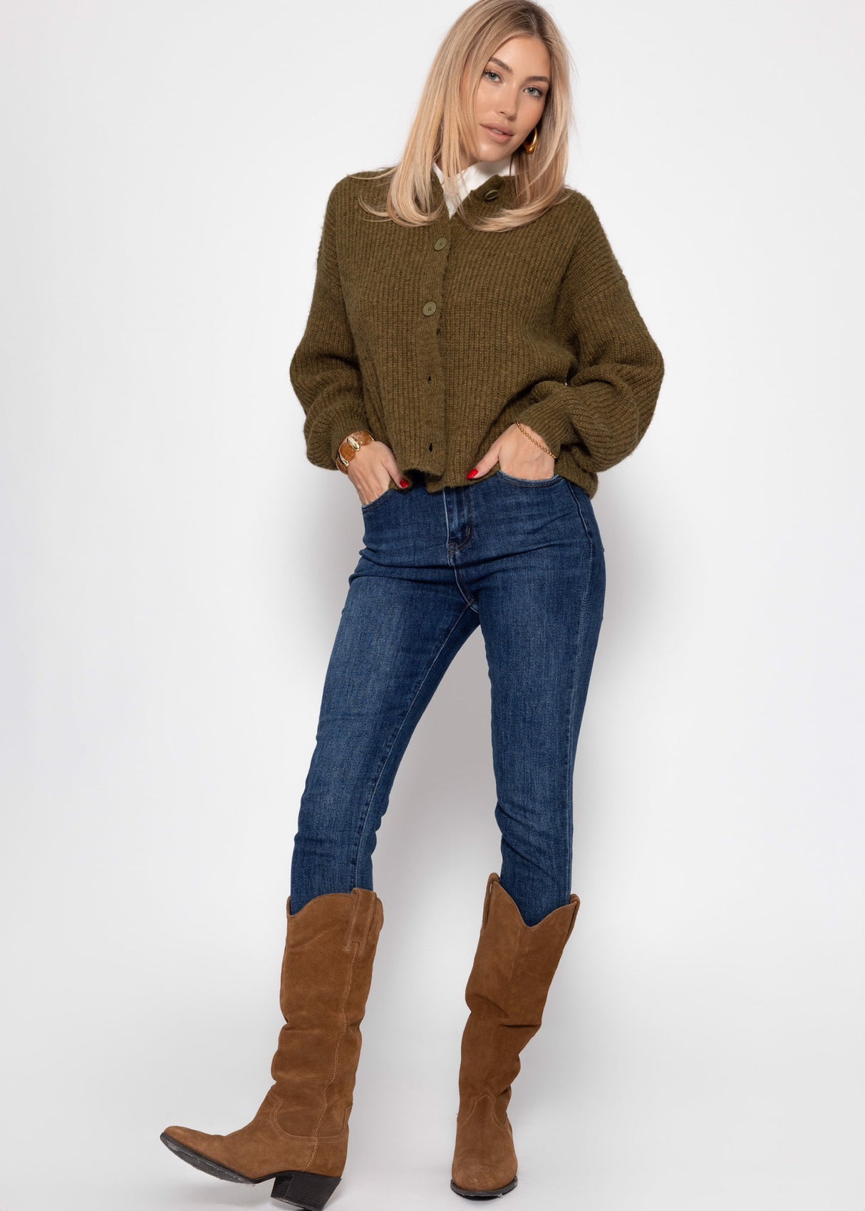 Cardigan mit Rundhalsausschnitt - khaki