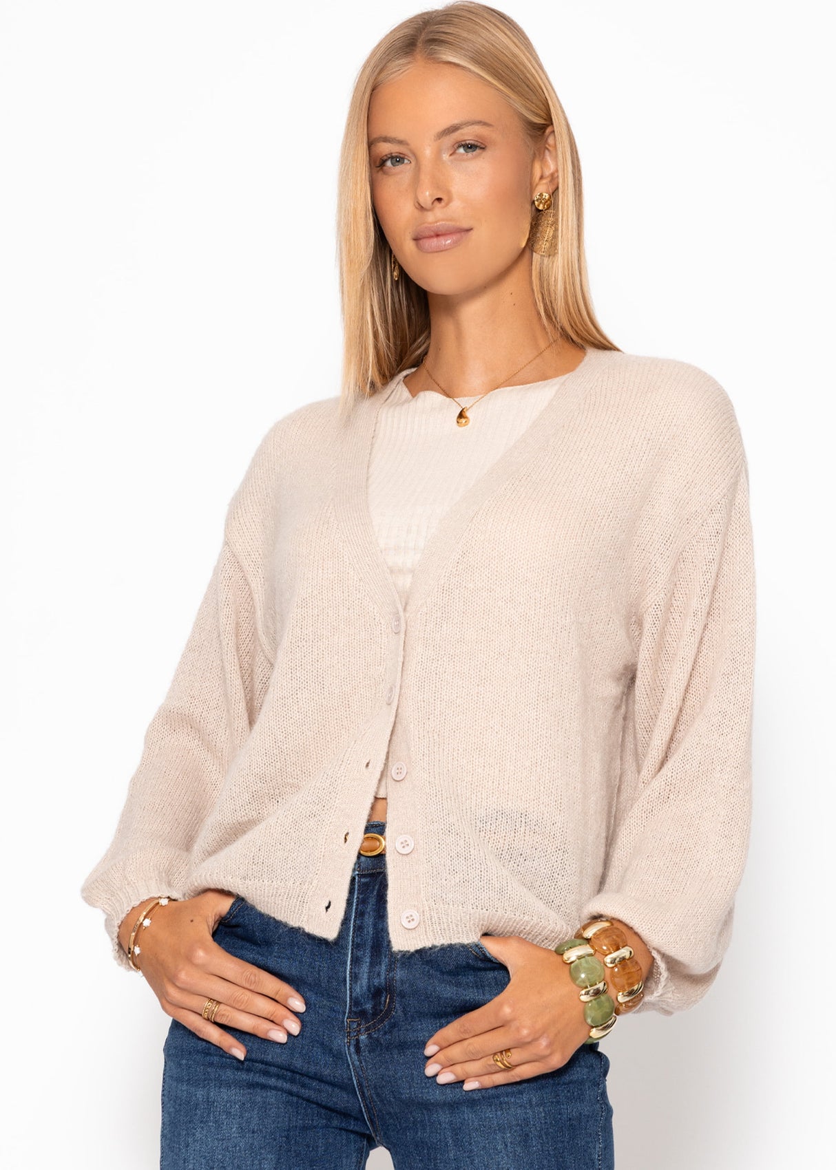 Feinstrick Cardigan mit V-Ausschnitt - beige