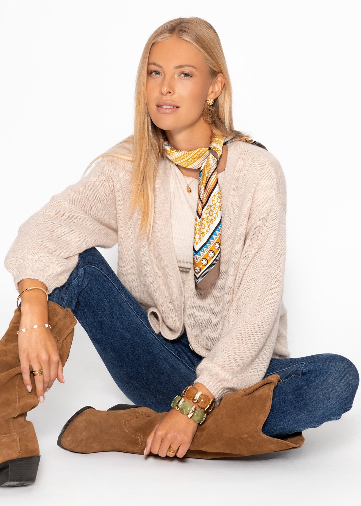 Striped cardigan with V -neck - beige