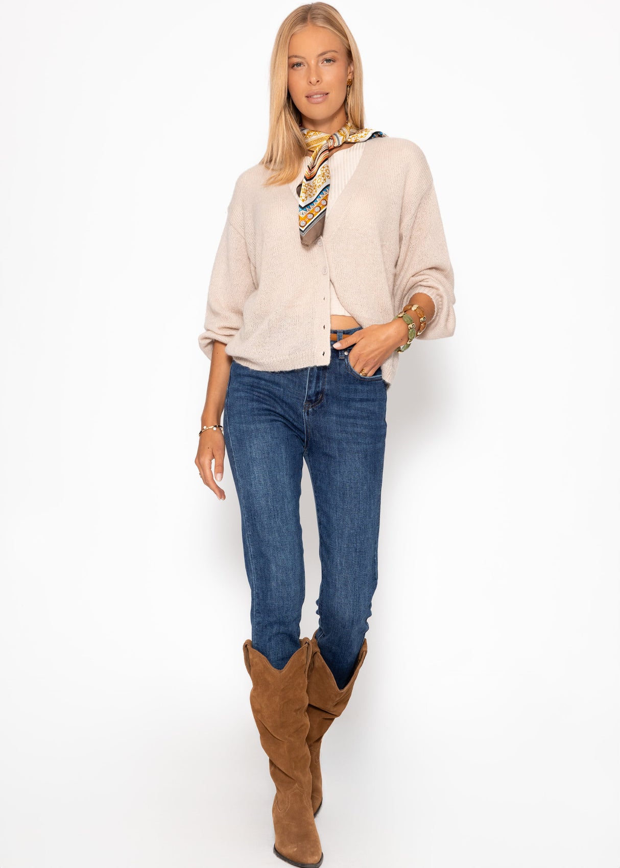 Feinstrick Cardigan mit V-Ausschnitt - beige