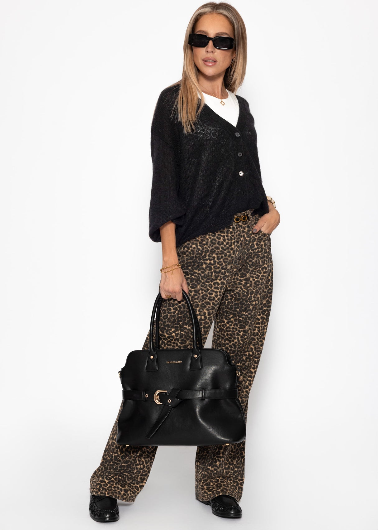 Striped cardigan with V -neck - black