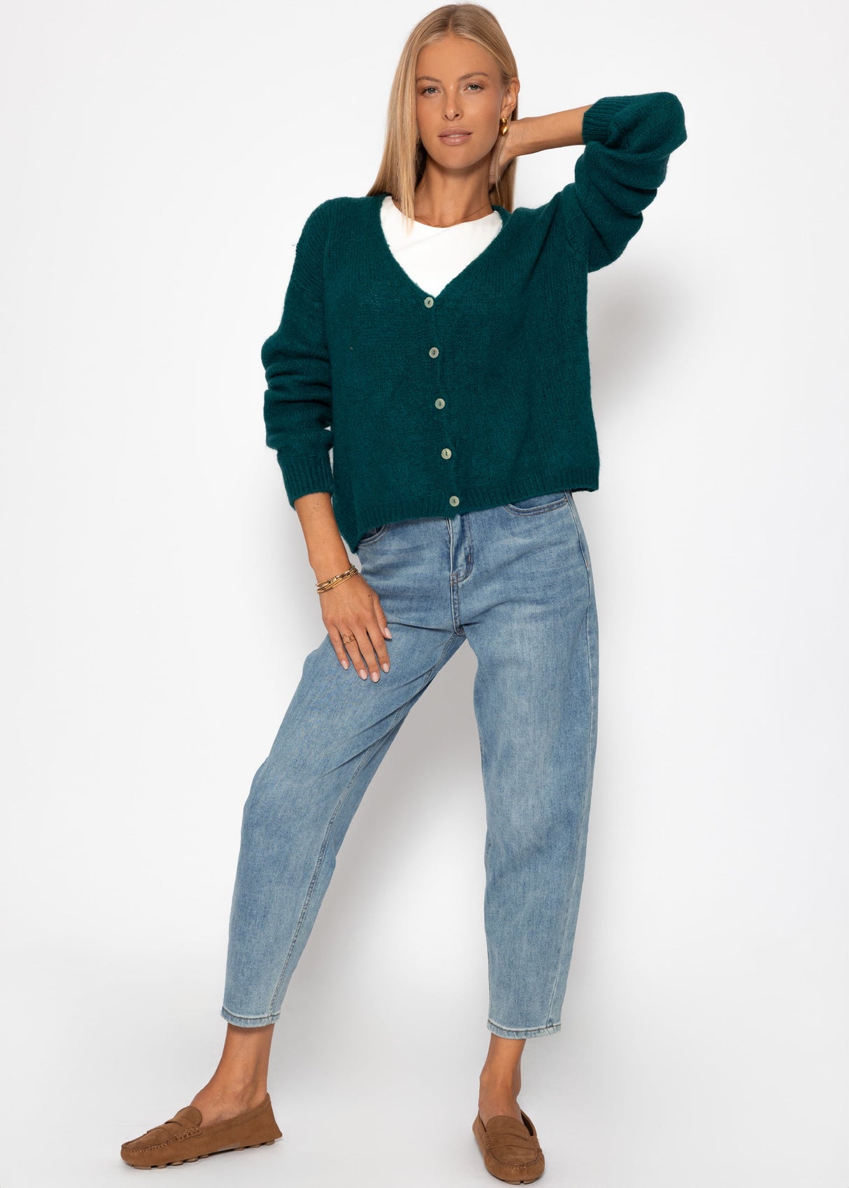 Cardigan mit V-Ausschnitt und Knopfleiste - dunkelgrün