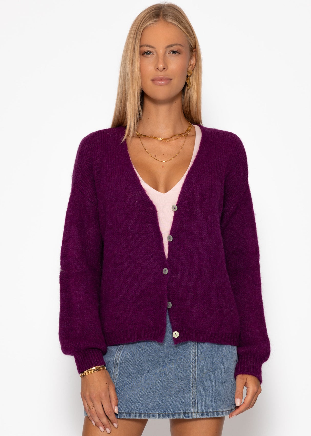 Cardigan mit V-Ausschnitt und Knopfleiste - plum