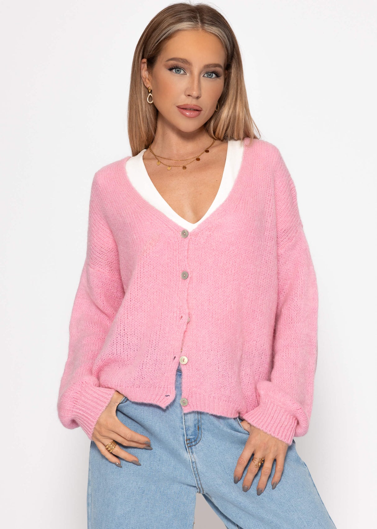 Cardigan mit V-Ausschnitt und Knopfleiste - rosa