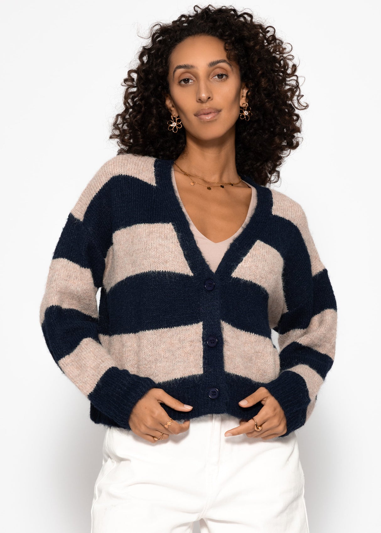 Cardigan mit Blockstreifen und V-Ausschnitt - dunkelblau