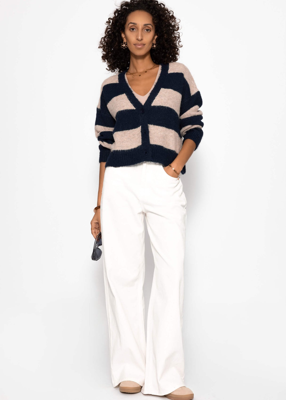 Cardigan mit Blockstreifen und V-Ausschnitt - dunkelblau