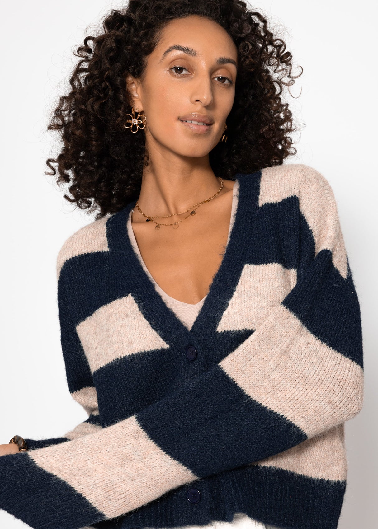 Cardigan mit Blockstreifen und V-Ausschnitt - dunkelblau