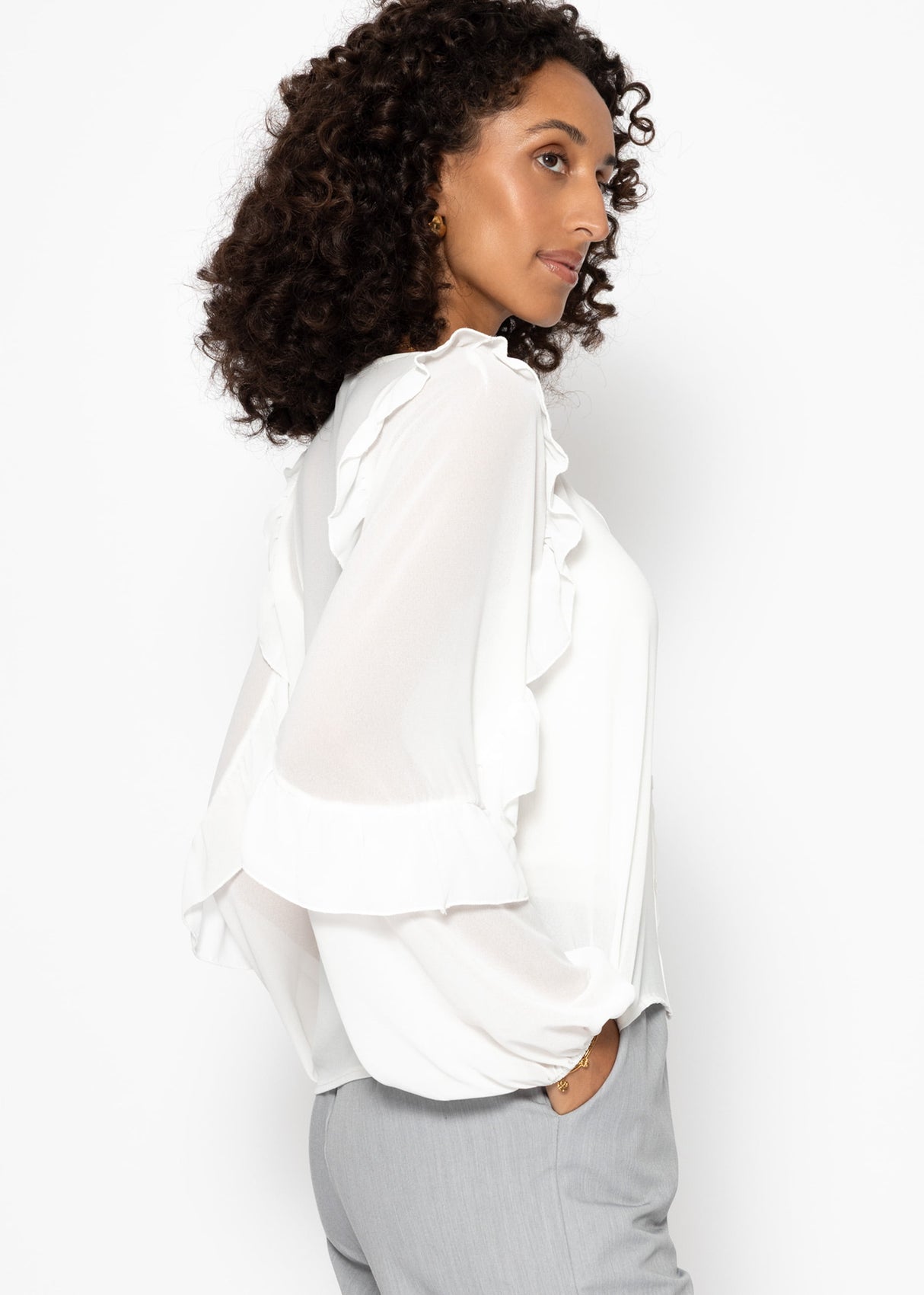 Chiffon Bluse mit Volants - offwhite