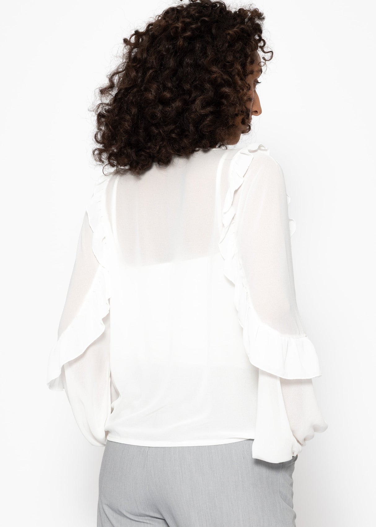 Chiffon Bluse mit Volants - offwhite