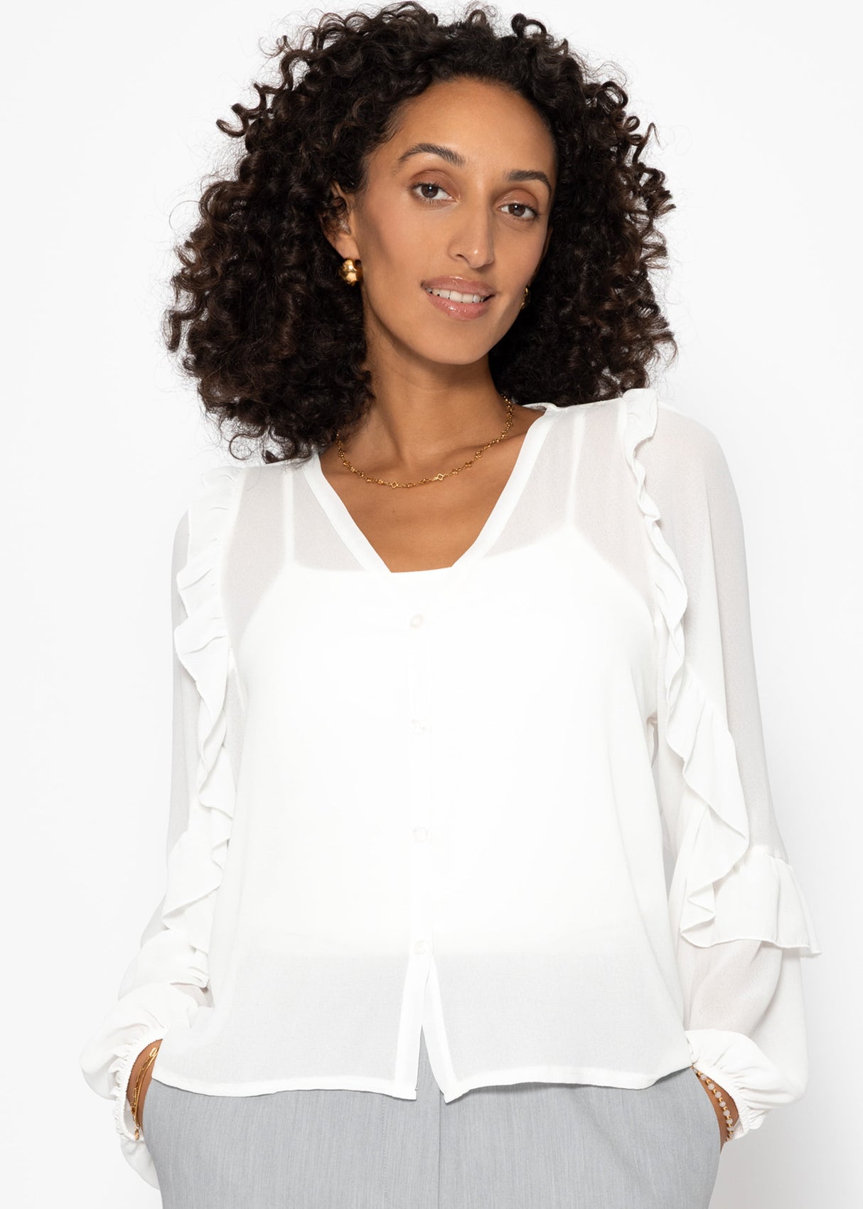 Chiffon Bluse mit Volants - offwhite