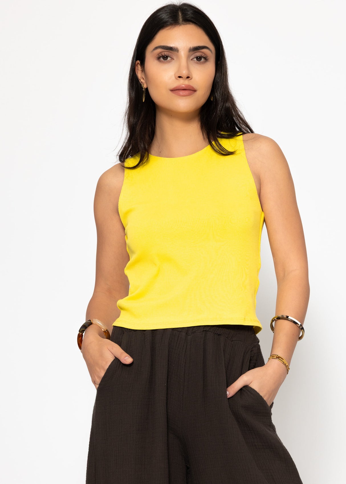 Doppellagiges, geripptes Tank Top - gelb