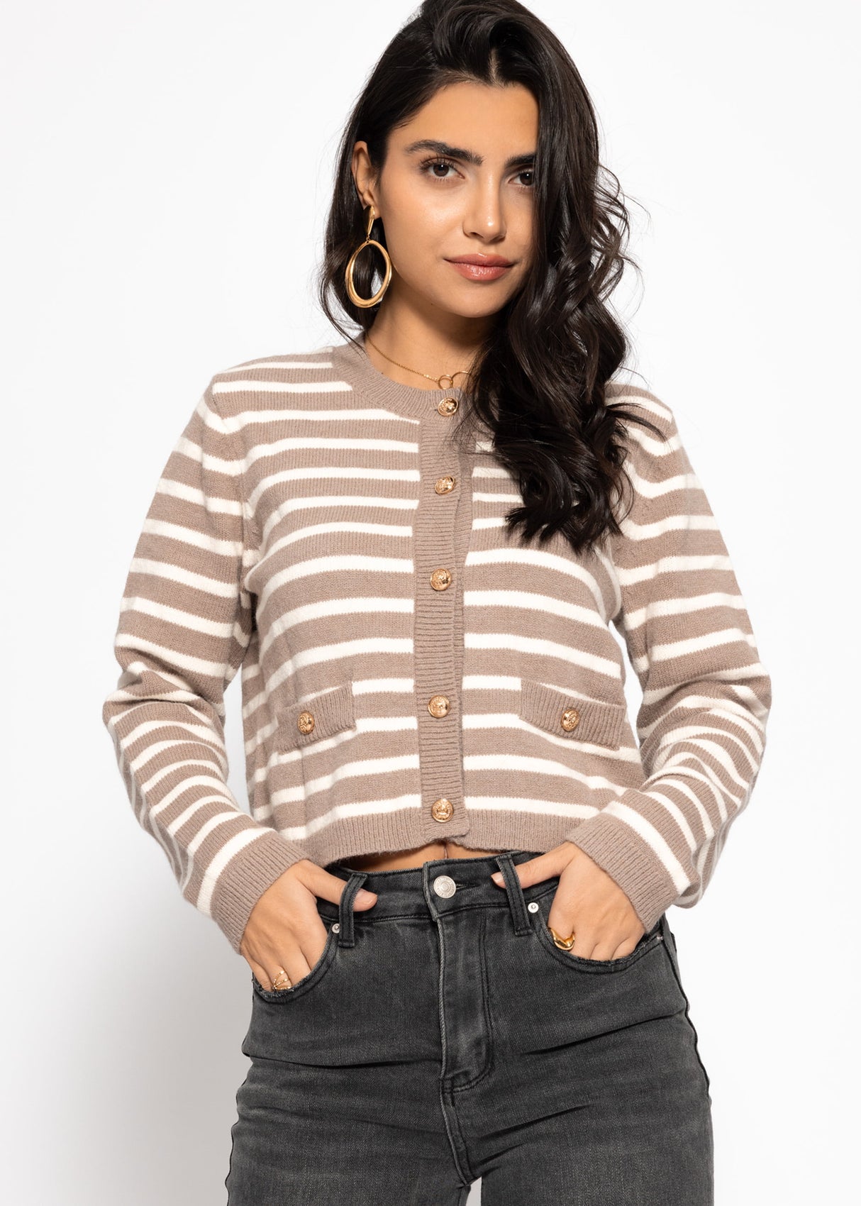 Elegante Strickjacke mit Streifenmuster - beige