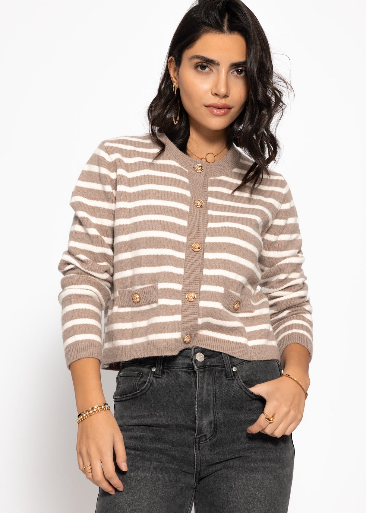 Elegante Strickjacke mit Streifenmuster - beige