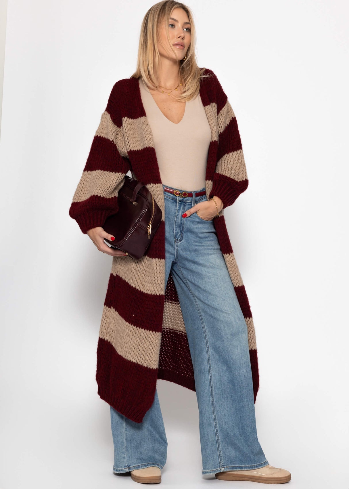 Extra long cardigan with block stripes - burgundy